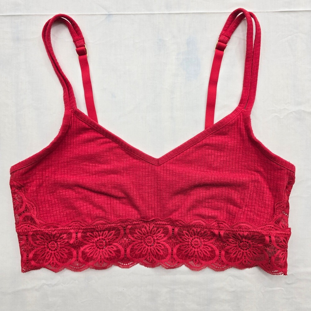 Aerie Red Ribbed Floral Lace Trim V-Neck Bralette Adjustable Straps Large